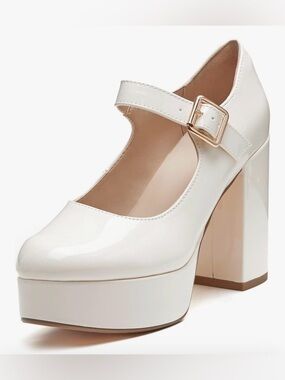 Coutgo Womens' Round Toe Chunky Platform Heels Patent Mary Jane Dress Shoe-Beige